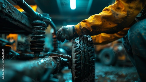 A mechanic inspecting the suspension and steering components of a vehicle, ensuring proper alignment and handling characteristics.