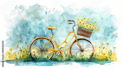 Watercolor illustration of yellow bike with dandelion the basket, blue background photo