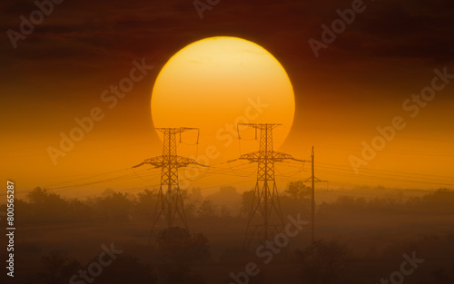 Silhouette of power transmission towers against background of huge sun