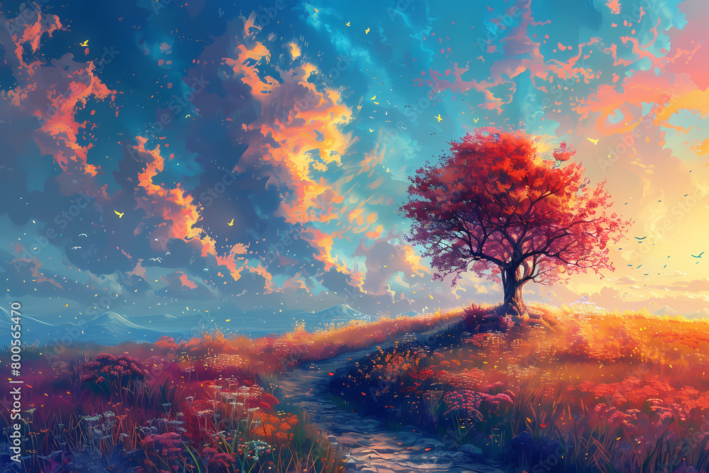 
Illustrate a surreal landscape where reality blends with imagination, painted