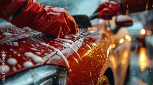 A person applying a paint sealant or wax coating to a car's exterior, providing durable protection against the elements and environmental damage. photo