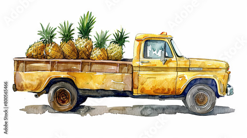 Watercolor illustration of yellow truck with pineapplle photo