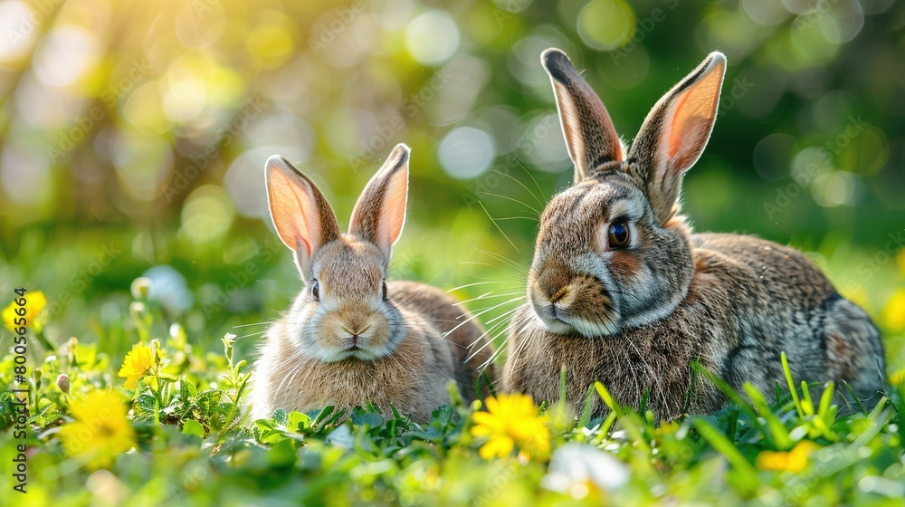Fototapeta premium Two rabbits sit beside each other amidst a field of grass and blossoms, with the sun filtering through the tree canopy above