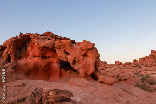 Panoramic sunrise view of red and orange Aztec Sandstone Rock formations and desert vegetation in Valley of Fire State Park in the Mojave desert near Overton, Nevada, USA. Dramatic natural landscape