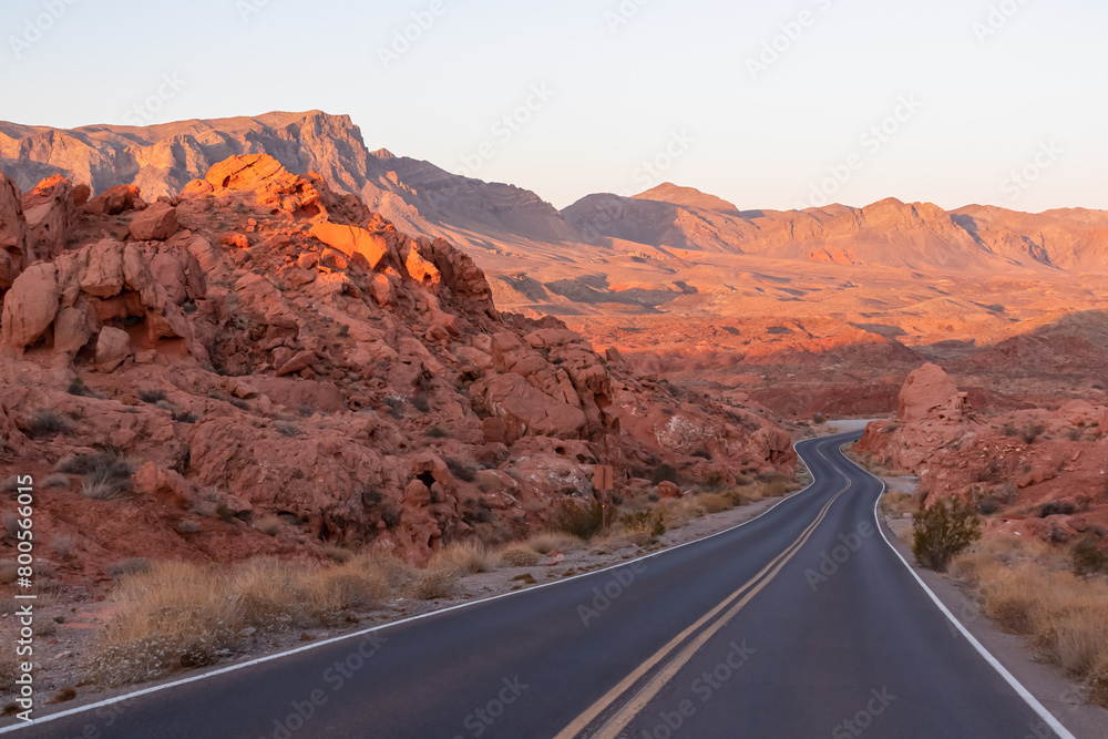 Panoramic sunrise view of endless winding empty road in Valley of Fire State Park leading to red Aztec Sandstone Rock formations and desert vegetation in Mojave desert, Overton, Nevada, USA. Freedom
