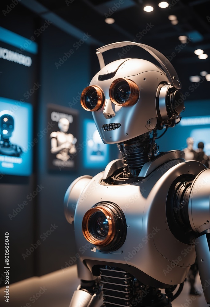 A closeup of a robot wearing headphones in a museum A closeup of a robot wearing headphones in a museum