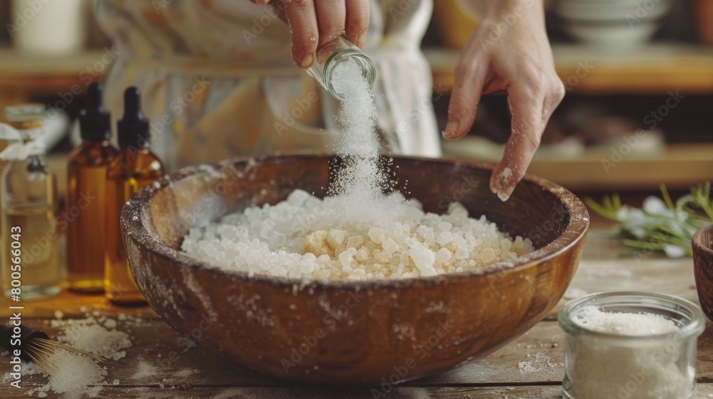 A person making DIY bath salts with Epsom salt and essential oils, mixing ingredients and packaging them for personal use or gifts. A person making DIY bath salts with Epsom salt and essential oils, mixing ingredients and packaging them for personal use or gifts.
