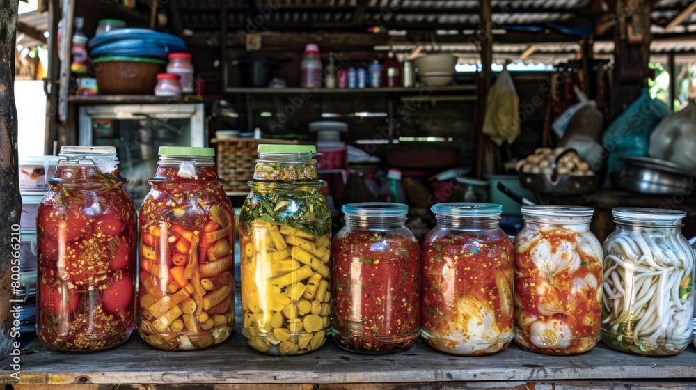 A rustic Thai street food stall with jars of pickled garlic and chili sauce, adding a spicy kick to local favorites.