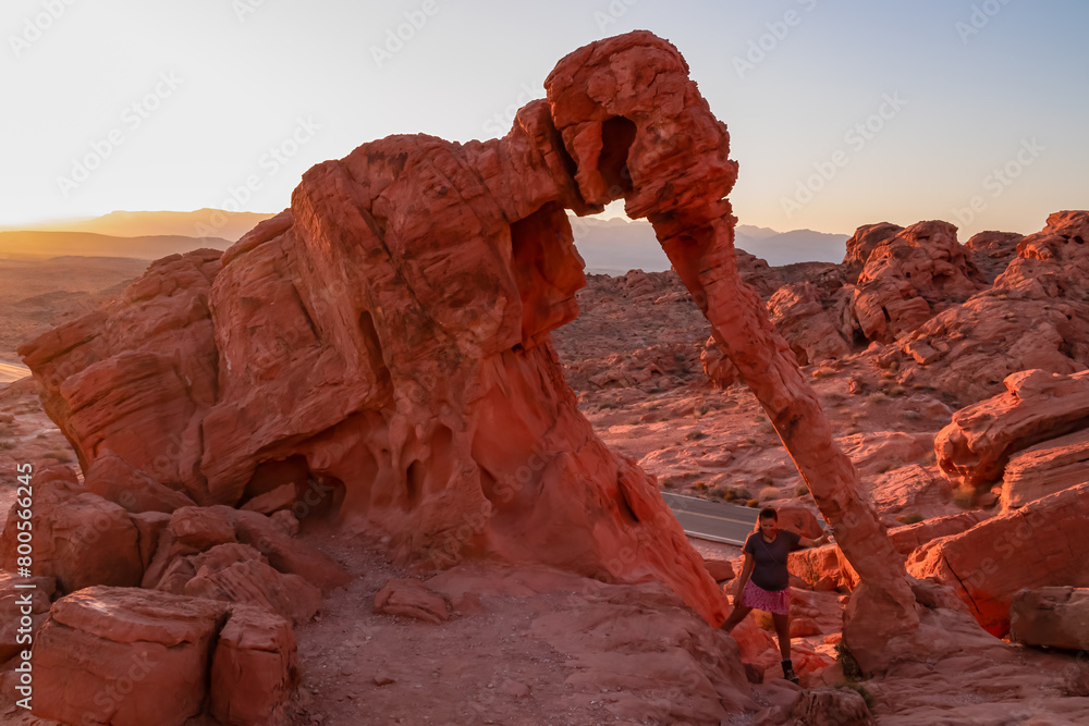 Tourist woman standing next to elephant shaped Aztec Sandstone Rock formations during sunrise in Valley of Fire State Park in Mojave desert near Overton, Nevada, USA. Red rocks and stone desert