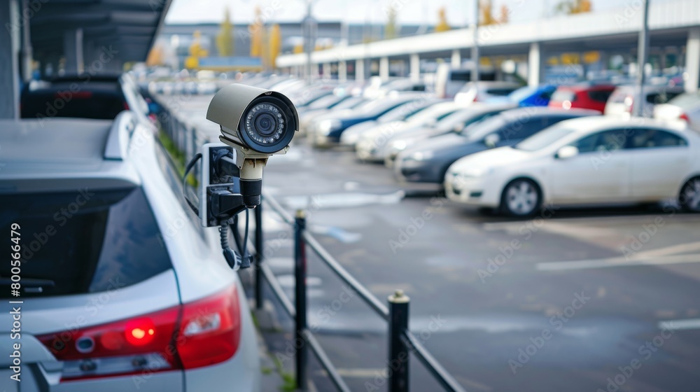 A security camera installed in a parking lot, providing surveillance to