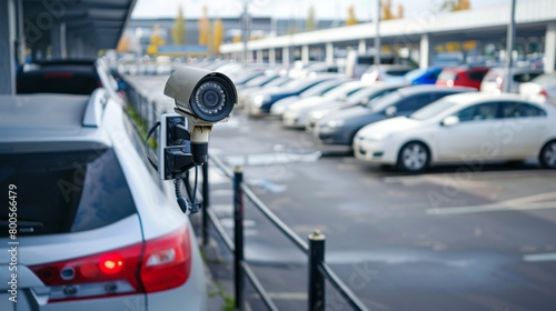 A security camera installed in a parking lot, providing surveillance to prevent vandalism and ensure vehicle safety. photo