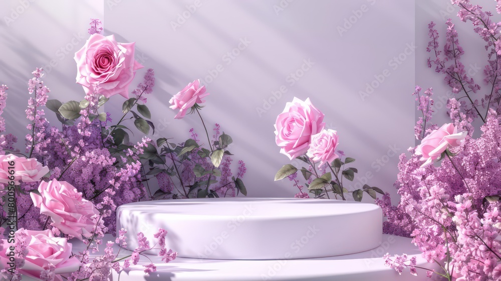 beautiful podium background with pink flowers, very light and cosmetic beautiful podium background with pink flowers, very light and cosmetic