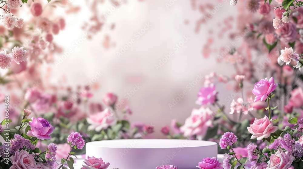 beautiful podium background with pink flowers, very light and cosmetic beautiful podium background with pink flowers, very light and cosmetic