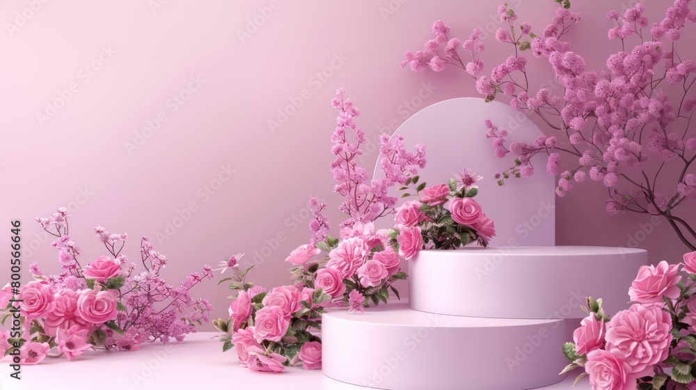 beautiful podium background with pink flowers, very light and cosmetic beautiful podium background with pink flowers, very light and cosmetic