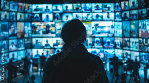 A security guard monitoring multiple surveillance screens filled with live feeds from CCTV cameras, maintaining vigilance at all times.