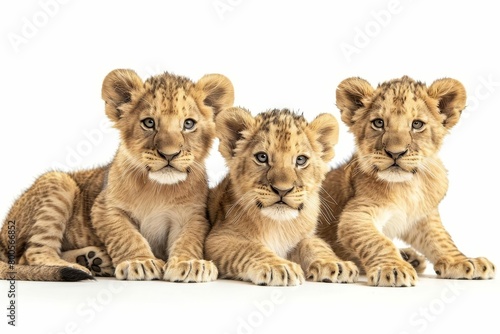 adorable group of curious lion cubs playing together cute wildlife animals isolated on white background