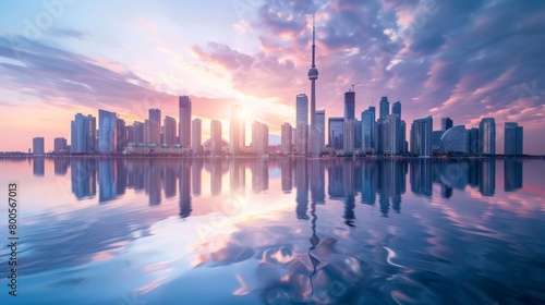 A serene aerial view of a city s waterfront skyline  with majestic skyscrapers reflected in the calm waters below  creating a stunning visual spectacle.