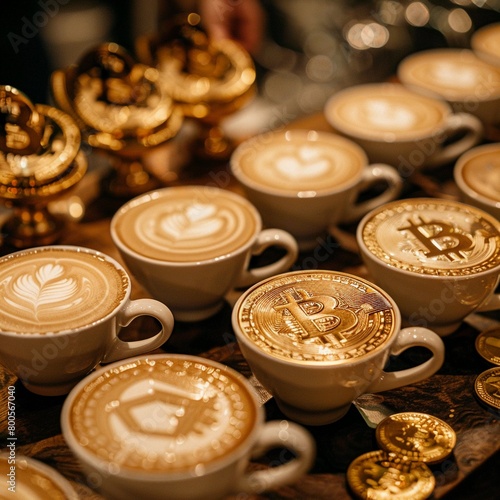 Luxurious coffee tasting event where attendees can pay with cryptocurrency, golden tokens given as change , close up
