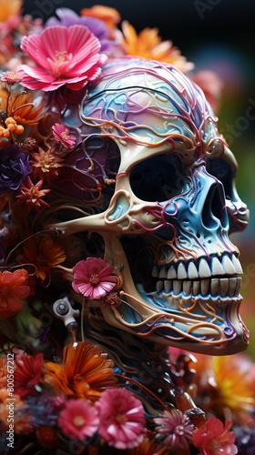 A stunning portrayal of a human skull accentuated by an assortment of vibrant flowers, emanating an aura of captivating beauty intertwined with the haunting undercurrents of the gothic.