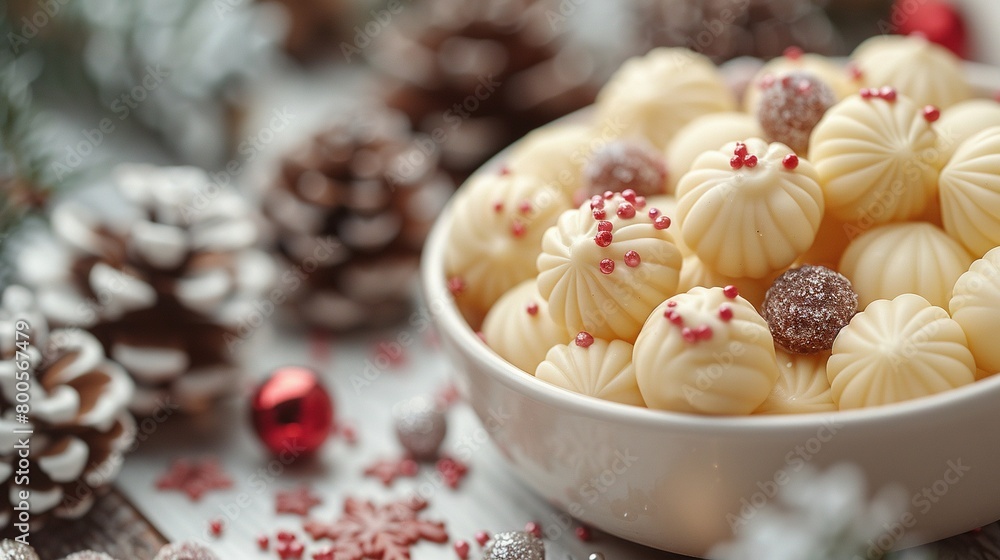   A white bowl brimming with white chocolate, garnished with red and white sprinkles, rests beside pine cones and festive decorations