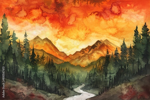 A painting of a forest with a river running through it. The sky is orange and the mountains in the background are in the distance. The mood of the painting is peaceful and serene
