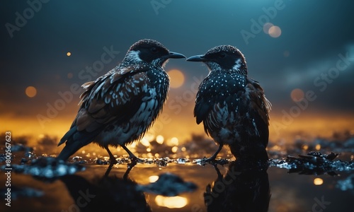 Two birds standing in water, gazing at each other under the moonlit sky photo