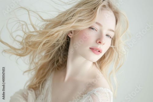 beautiful young blond woman with flowing hair and natural makeup soft studio portrait highkey white background