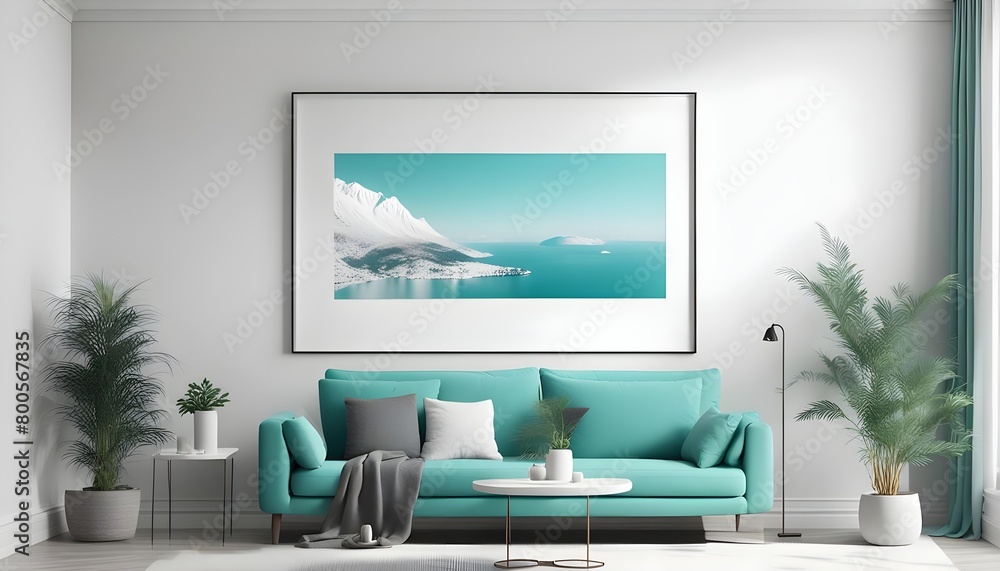 Obraz premium 3 vary sizes Frame mockup, ISO A paper size. torquise Living room wall poster mockup. Interior mockup with house background. Modern interior design. 3D render, photo, 3d render 