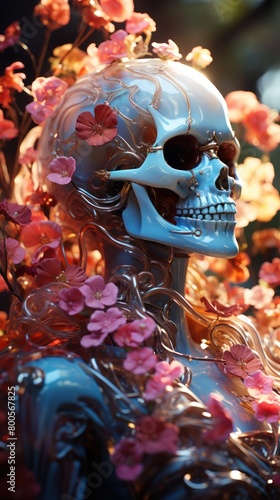 A mesmerizing work of art featuring a captivating human skull intricately intertwined with a captivating array of blooming flowers, combining the mysterious charm of the Gothic with the subtle splendo photo