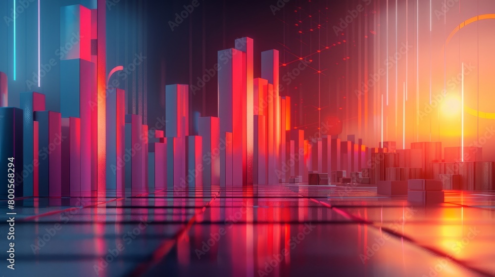 A 3D rendering of a city made of glowing blocks with a setting sun in the background.