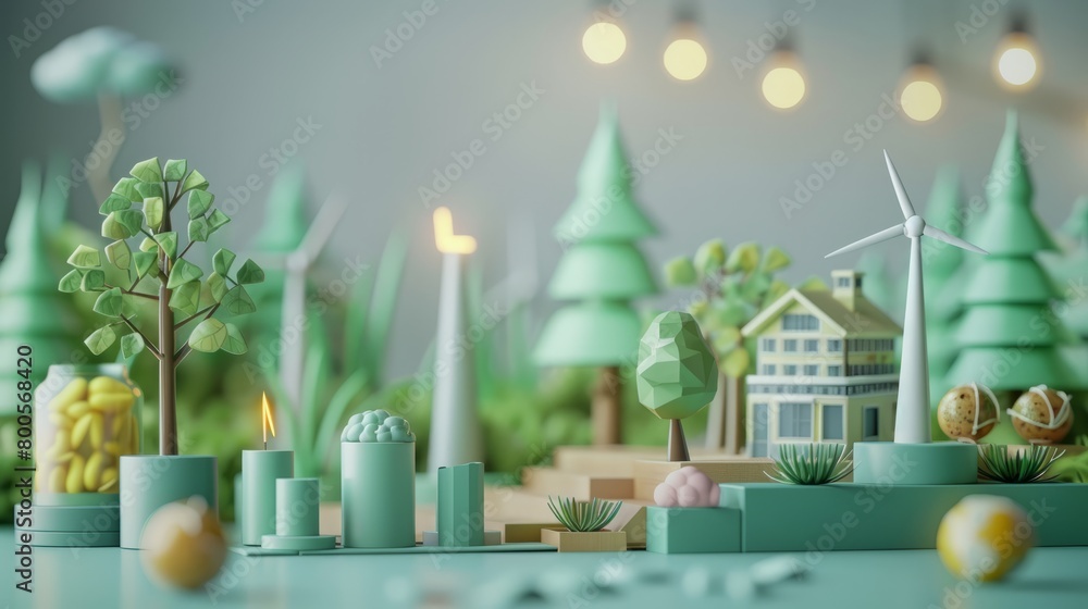 A 3D rendering of a miniature forest with a house, a candle, and a wind turbine. The scene is lit by a warm light.