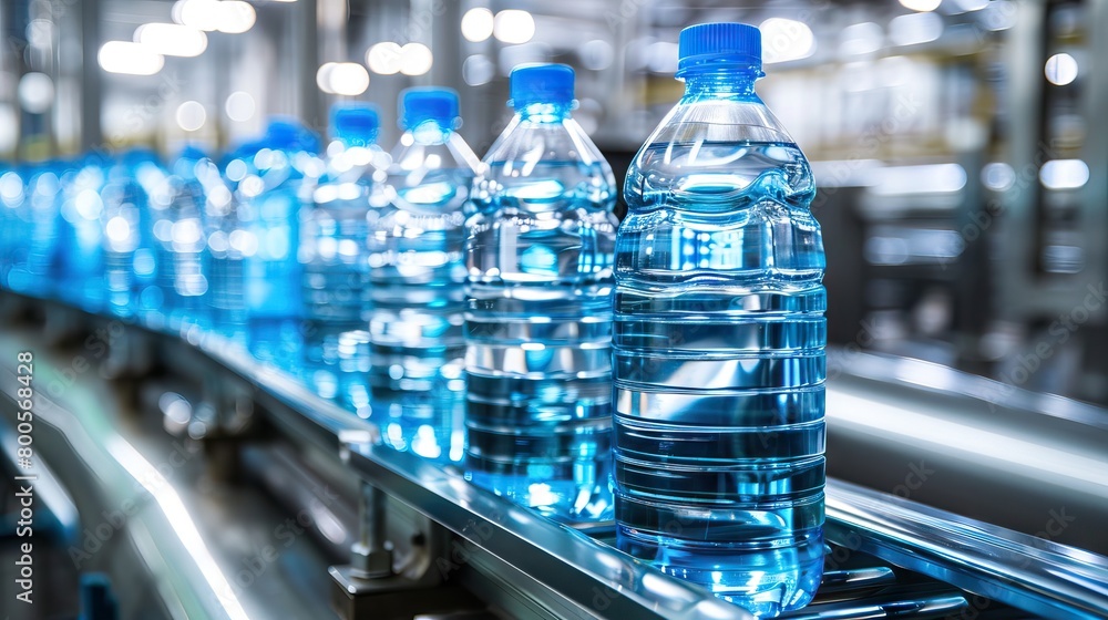 The new plastic bottles in the conveyor belt at the water drinking factory. Drinking water water manufacturing process. AI generated illustration The new plastic bottles in the conveyor belt at the water drinking factory. Drinking water water manufacturing process. AI generated illustration