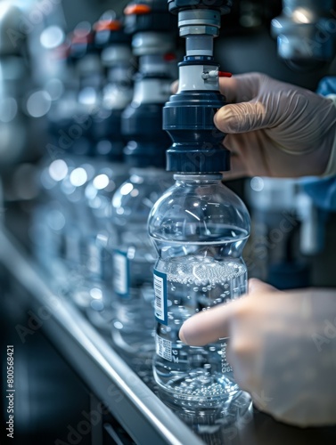 A close up of a person in scrubs putting a bottle 