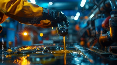 A technician performing an oil change on a car, draining old oil and replacing it with fresh oil to maintain engine lubrication and performance. photo