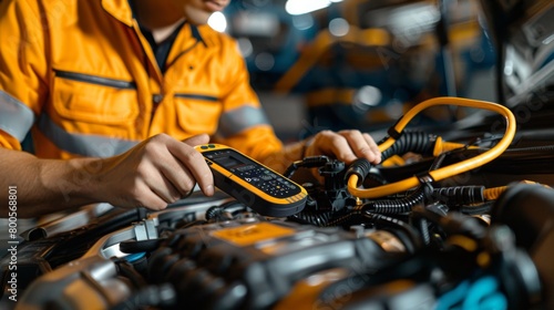 A technician using a diagnostic scanner to troubleshoot and diagnose engine or electrical issues in a car, ensuring accurate repairs and maintenance.