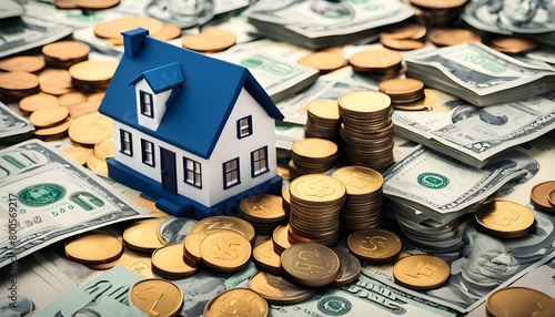 A house bank next to a pile of coins and house property, real estate investment, savings, budget and home loan, mortgage, ownership, stock photos 