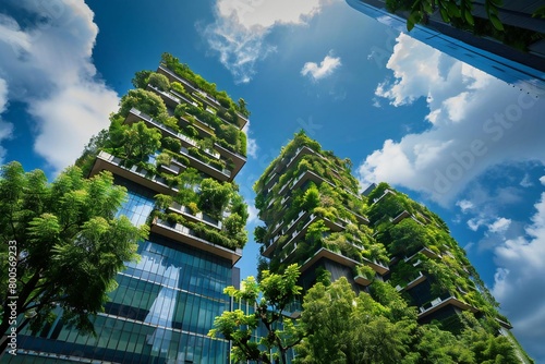 City building with green eco energy business background