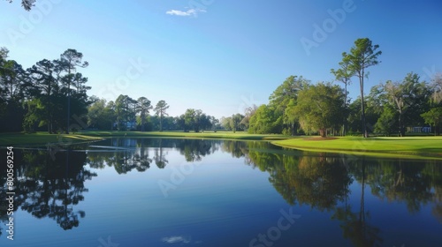 A serene lakeside golf course  the tranquil waters mirroring the golfer s graceful swing under a clear blue sky.