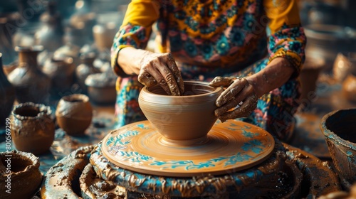 A woman practicing pottery on a pottery wheel, shaping clay into bowls and vases with skilled hands.