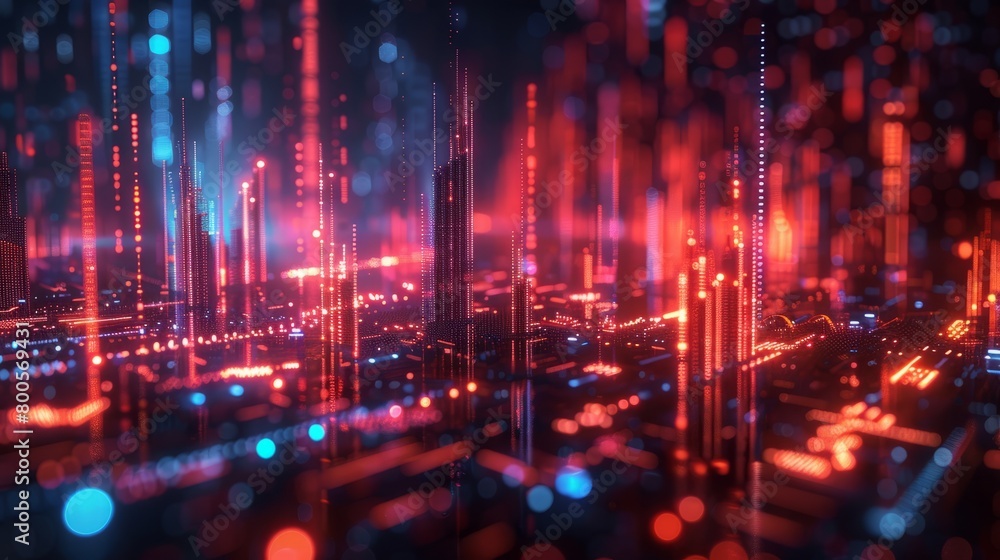 A digital landscape with red and blue lights. A digital landscape with red and blue lights.