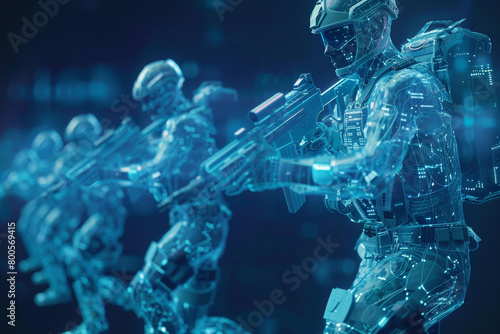 A dynamic 3D representation of cyber soldiers with data streams for skin and circuitry for veins 