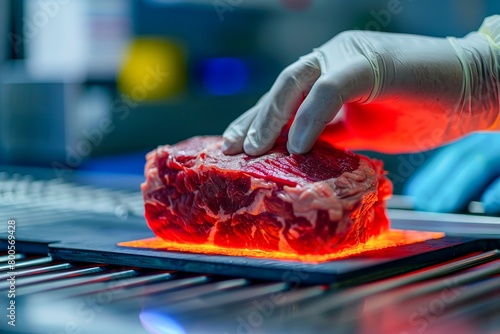 A gloved hand places a steak on a hot surface to sear it. photo