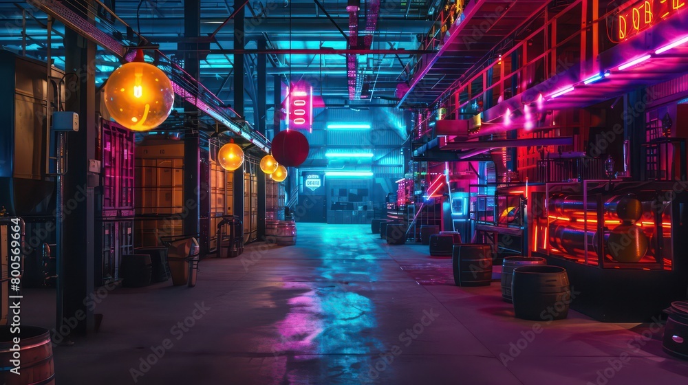 banner with a festive music event in a industrial compound, very colorful and shinny lights banner with a festive music event in a industrial compound, very colorful and shinny lights