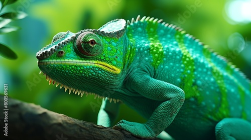 Green colored chameleon close up.