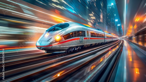 High-speed train rushing through a station with motion blur