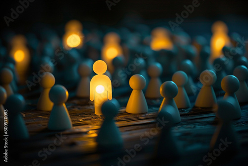 A figure standing out with a distinct glow, leading a group in the dark, representing leadership, guidance, and differentiation   photo