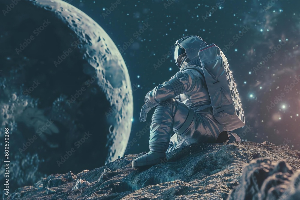 Astronaut in spacesuit explores Mars' moon surface planet Astronaut in spacesuit explores Mars' moon surface planet