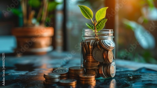 A jar filled with coins and a small plant growing out of it. The jar is sitting on a table. There is a potted plant in the background. The background is blurry.