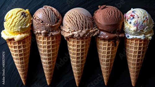  Five ice cream cones, each holding chocolate, vanilla, or strawberry ice cream, arranged in a single row on a dark surface