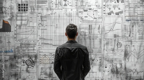 Wallpaper Mural A man in a black jacket stands in front of a wall covered in graphs and charts. Torontodigital.ca